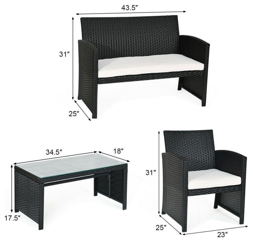 Costway 4 PCS Outdoor Rattan Wicker Furniure Set Coffee Table W/ Black Cushions