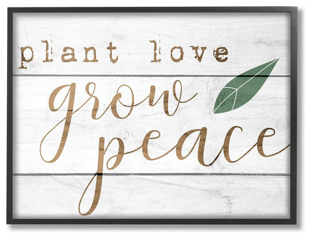 Plant Love Grow Peace Green Leaf Planked Look Framed Giclee Art, 11"x14"