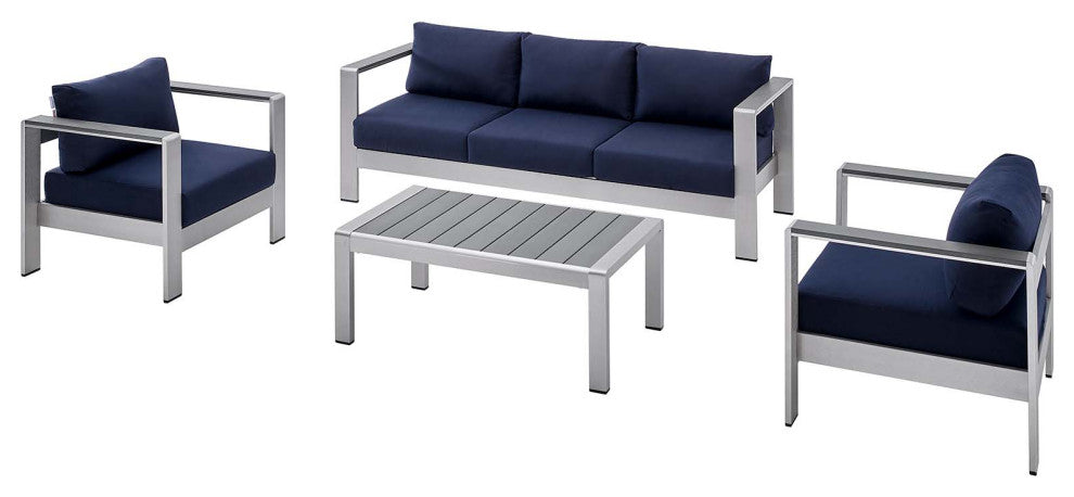 Sectional Sofa Chair Table Set, Sunbrella, Aluminum, Silver Blue Navy, Outdoor