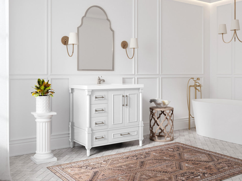 Aberdeen 36 Center Sink Bath Vanity in White 2" Calacatta Black