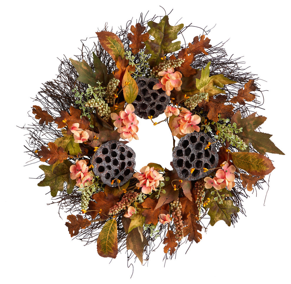 W1249 22 Autumn Hydrangea, Dried Lotus Pod Artificial Fall Wreath