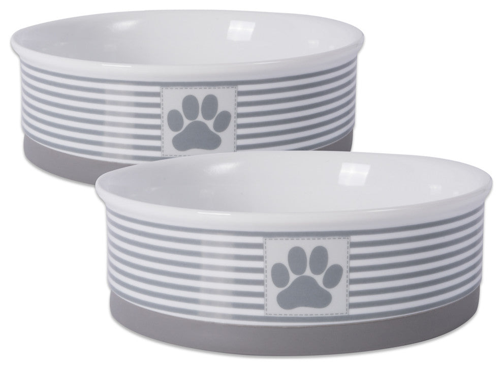 DII Pet Bowl Paw Patch Stripe Gray Large 7.5dx2.4h (Set of 2)