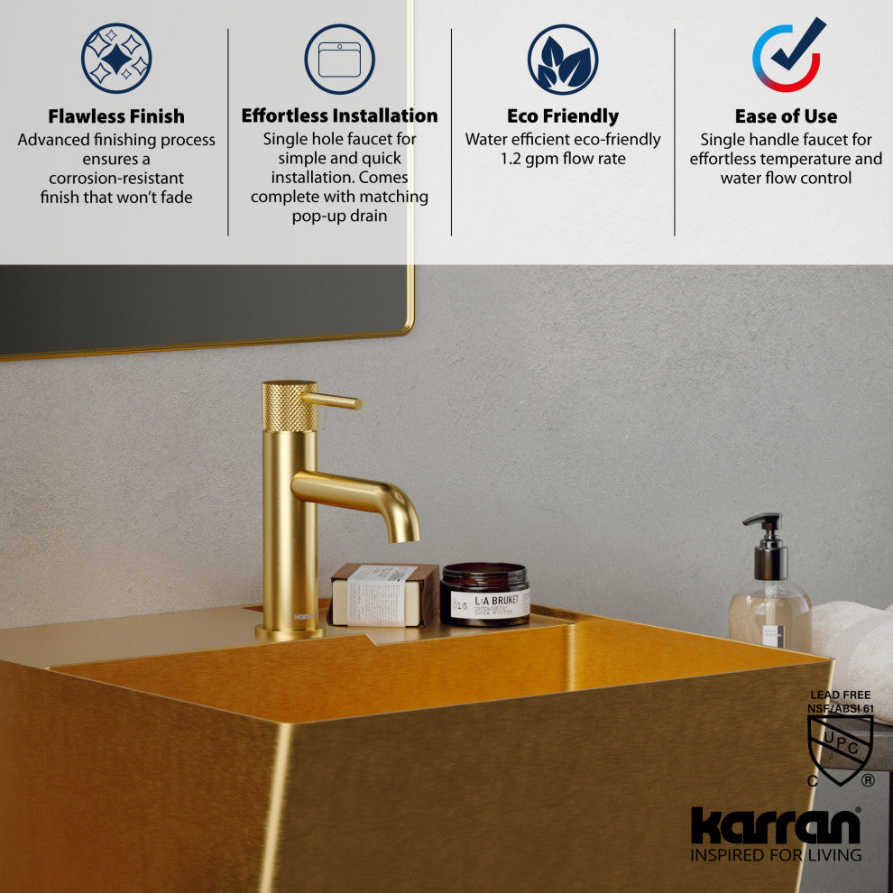 Karran 1-Handle 1-Hole Bathroom Faucet With Pop-up Drain, Brushed Gold