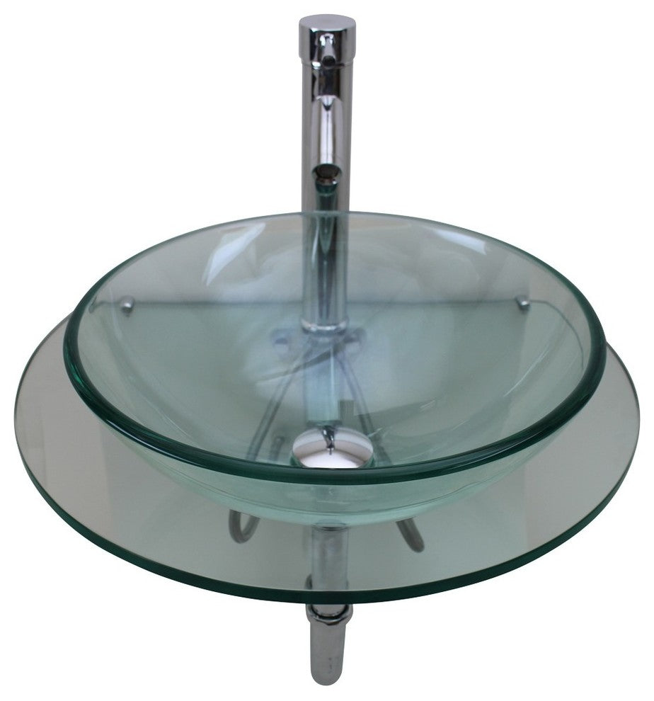 Wall Mount Tempered Glass Vessel Sink Round and Clear with Faucet and Drain