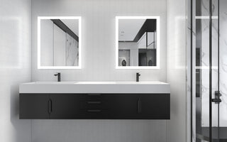 CastelloUSA Amazon 84" Wall Mounted Bathroom Vanity Set, Black, White Top, Black Handles