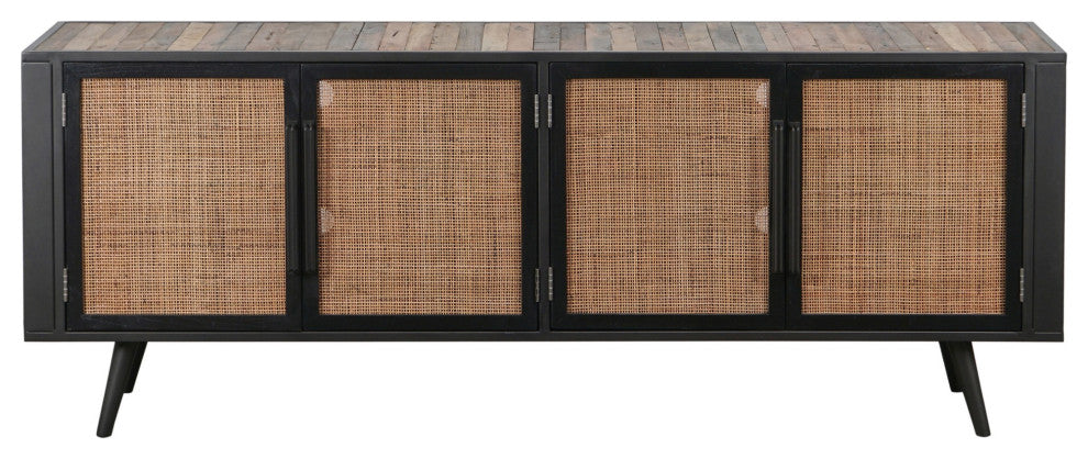 Natural Boat Wood and Rattan TV Dresser With 4 Doors