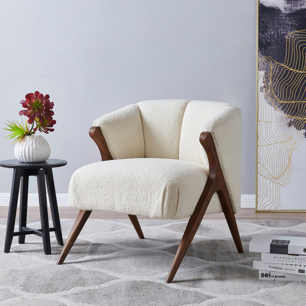 Florence Fabric Accent Chair Brown Legs, Shearling Beige