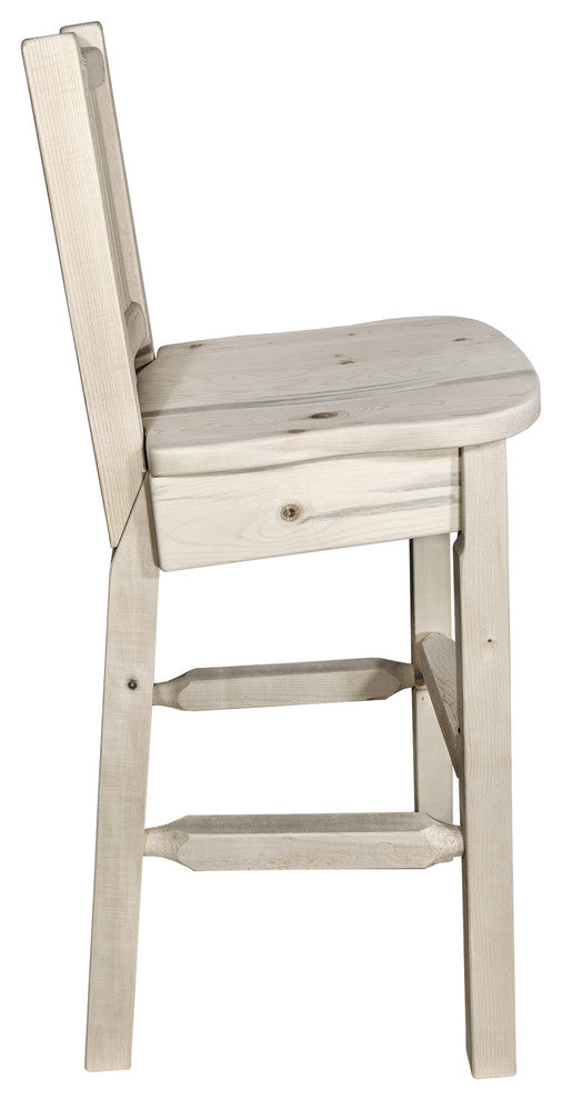 Homestead Bar Stool With Back, With Laser Engraved Bronc, Clear Lacquer Finish