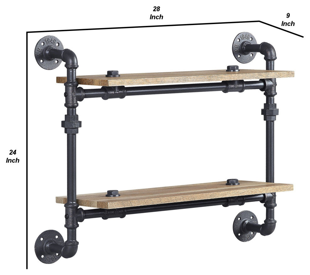 Benzara BM275482 Wood Wall Mount Double Shelf, Metal Pipe Design, Brown/Black