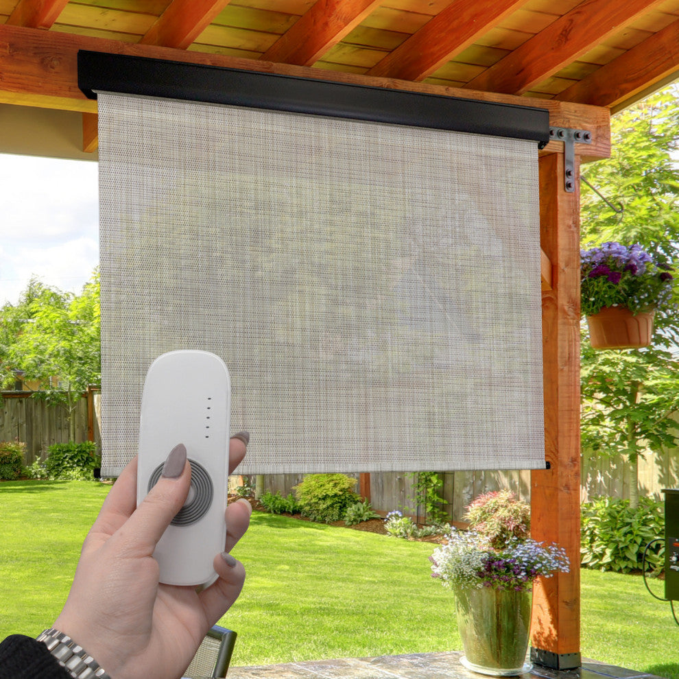 Outdoor Valanced Remote Control Operated Sunshade, Pearl Fabric, Titanium, 120x9