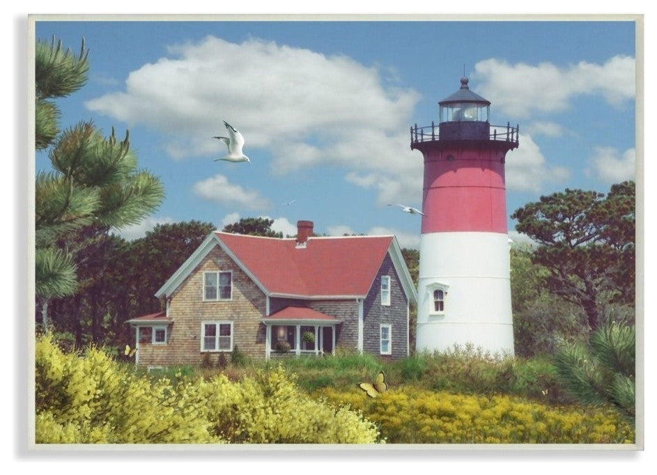 Nauset Lighthouse Forest and Fields Scene with Seagull, Wall Plaque, 10"x15"