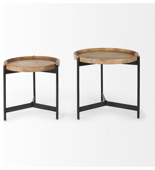 Marquisa Medium Brown Solid Wood w/ Black Metal Base Round Nesting Side Tables