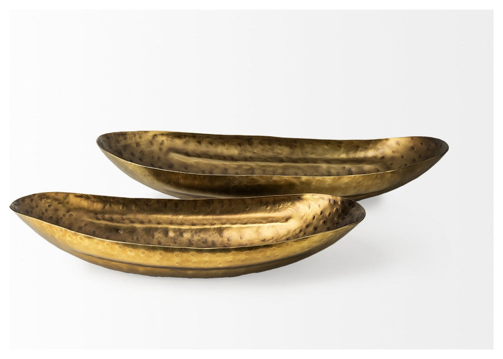 Set of Two Gold Boat Shaped Hammered Bowls