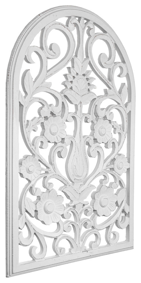 American Art Decor Arched Windowpane Floral Wood Wall Panel, White 36"x24"