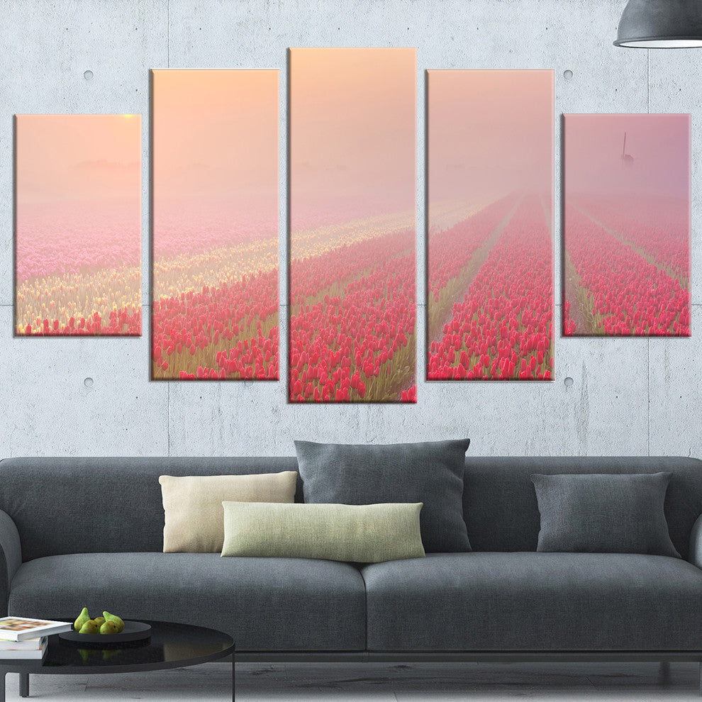 "Sunrise Over Rows of Tulips" Landscape Wall Art Canvas Print, 5 Panels, 60"x32"