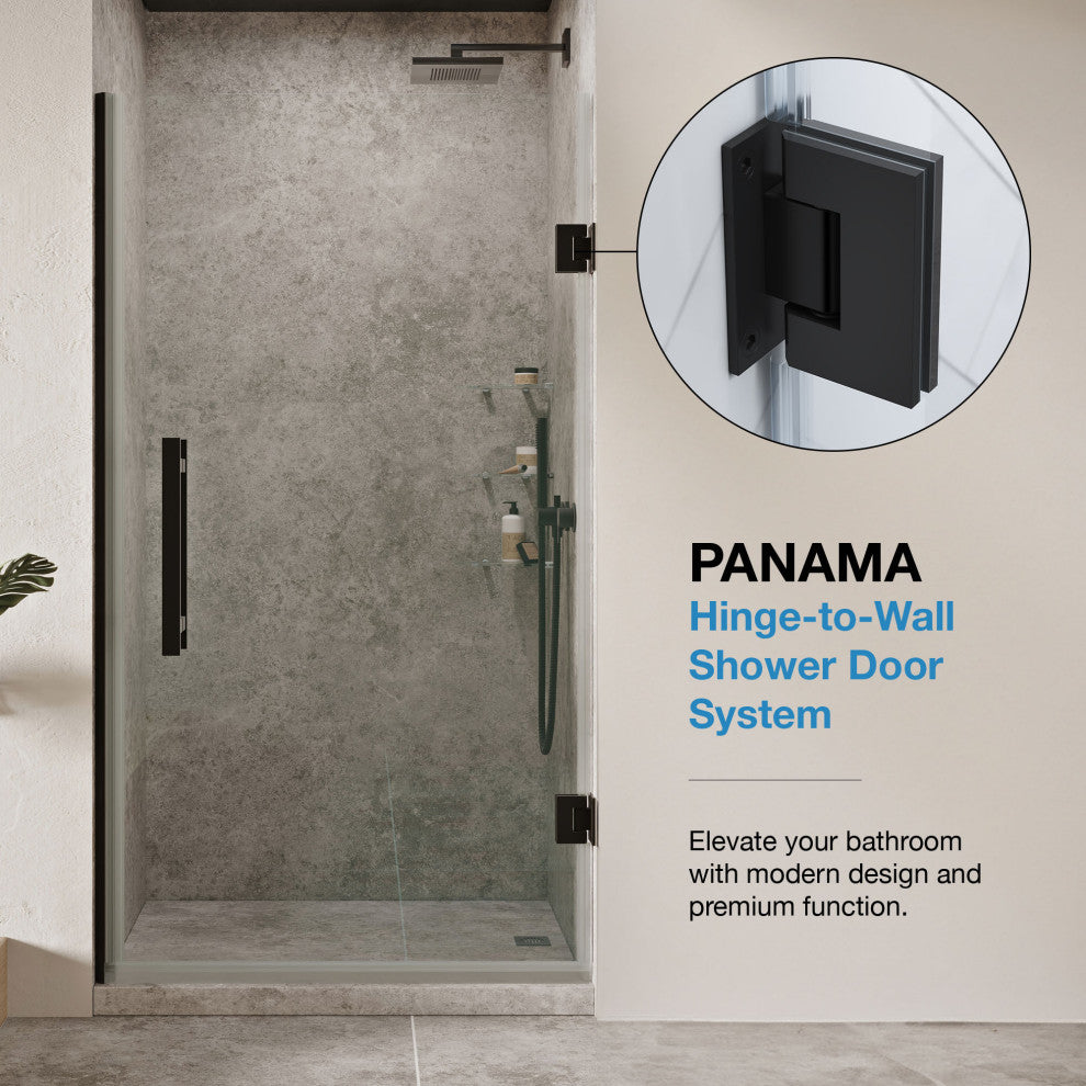 Panama Alcove Frameless Pivot Hinge Shower Door Kit With Base Pan, 2025, Black, 36x32"