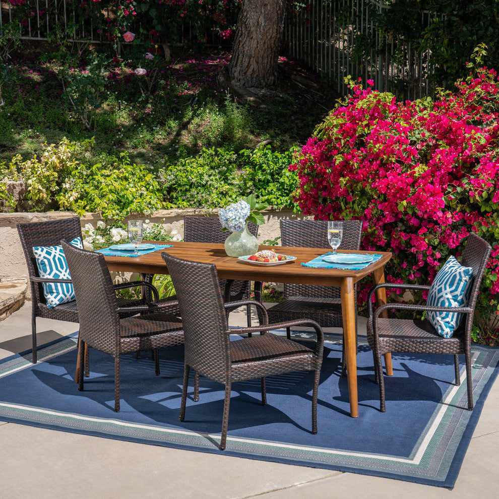 GDF Studio 7-Piece Arthur Outdoor Wicker Dining Set With Acacia Dining Table