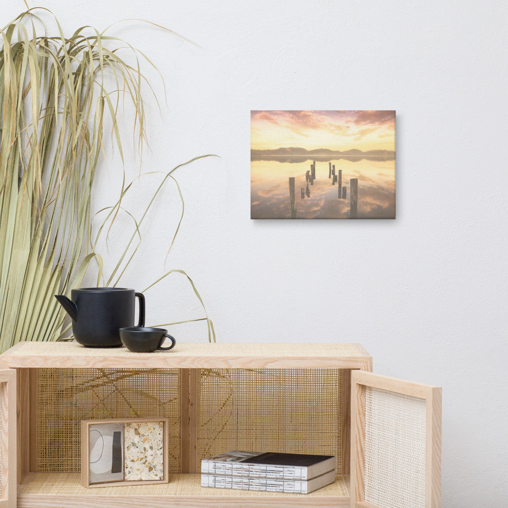 Sunset Pillars and Reflections on Lake Landscape Photo Canvas Wall Art Prints, 12" X 16"