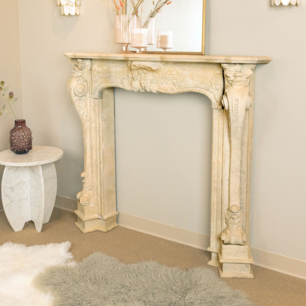Decorative Wood Fireplace Mantel Ornate, Distressed Cream