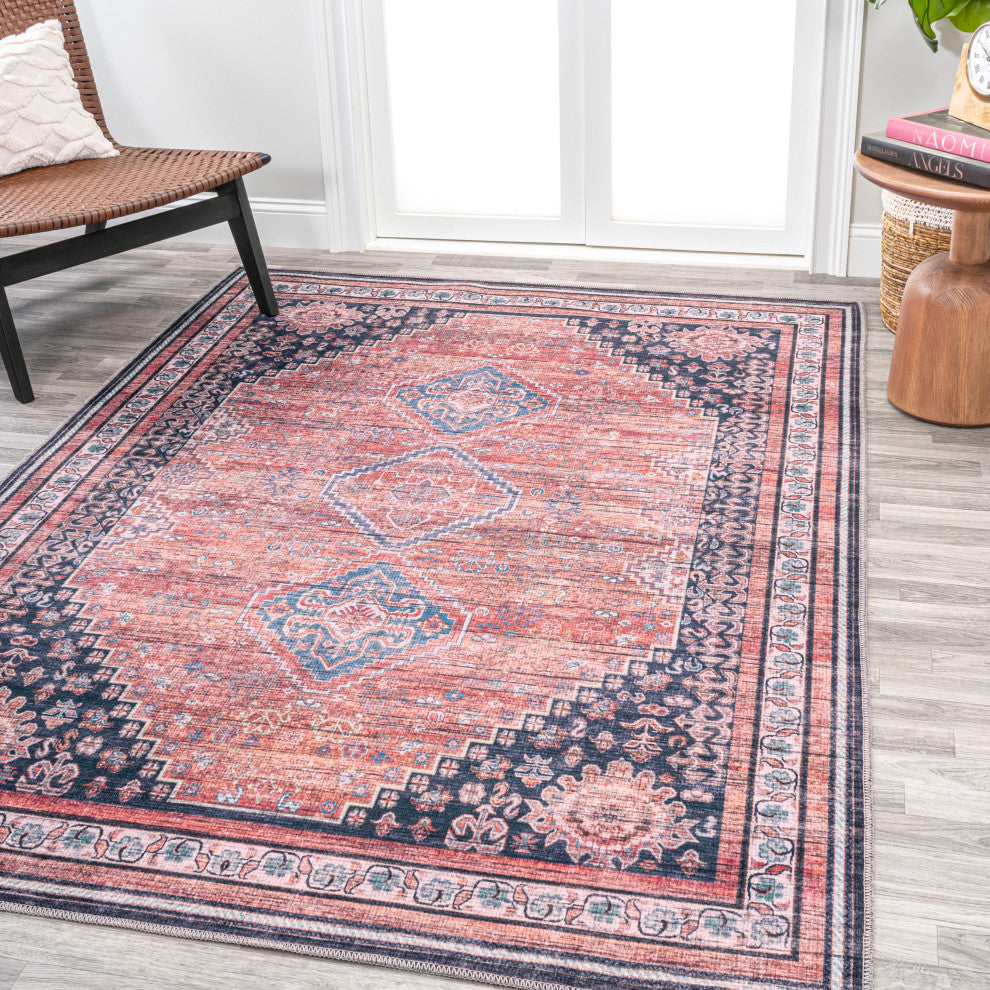 Dalyan Geometric Medallions Machine Washable Indoor Area Rug, Terra/Navy, 5 X 8