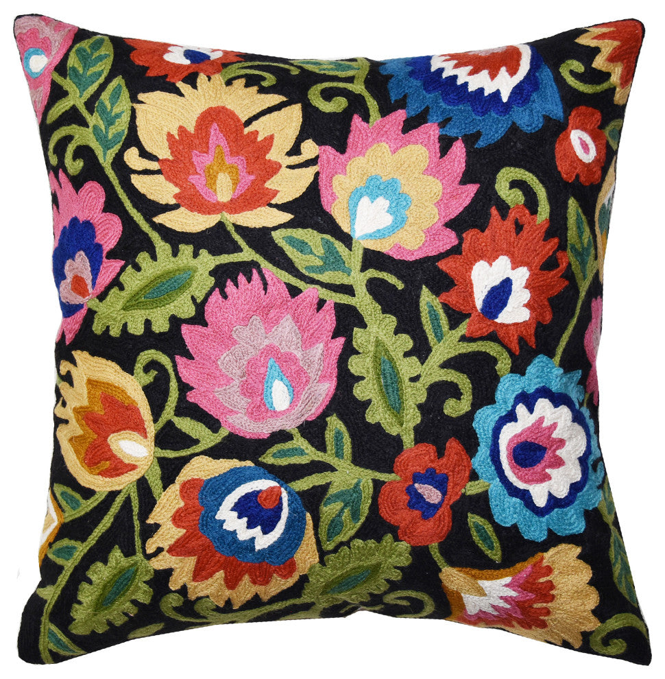 Black Polish Floral Pillow Cover Hand Embroidered Cushions Wool 18x18