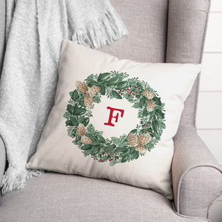 Christmas Wreath Monogram F 18x18 Spun Poly Pillow