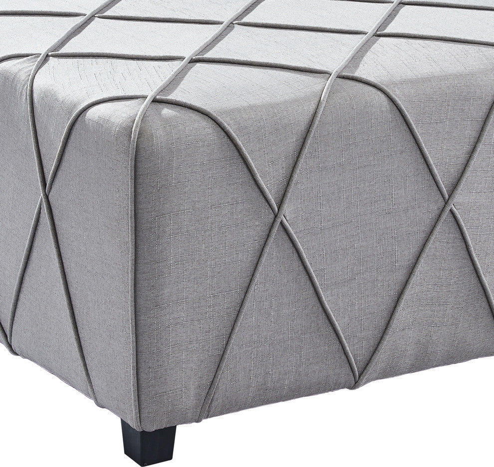 Gemini Ottoman, Silver Linen With Piping Accents and Wood Legs