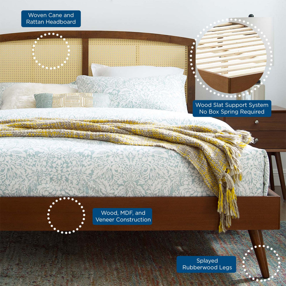 Platform Bed Frame, Full Size, Wood, Brown Walnut, Modern Mid-Century, Bedroom