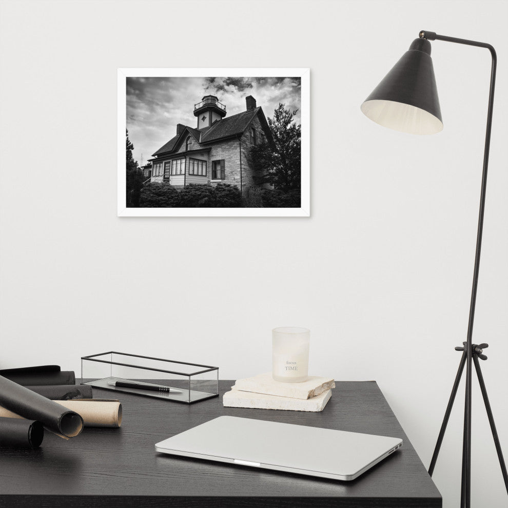 Cedar Point Lighthouse in Black and White Framed Photo Paper Wall Art Prints, White, 12" X 16"