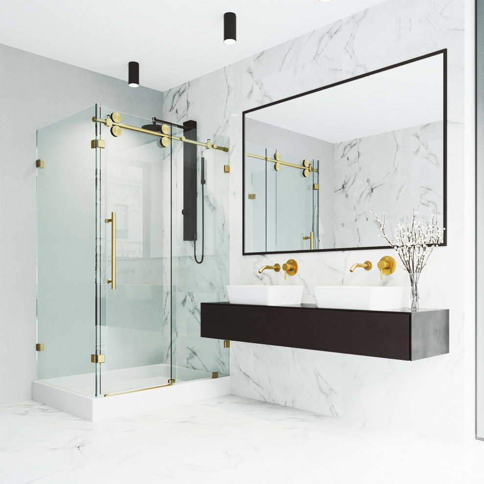 VIGO Winslow Frameless Sliding Shower Enclosure, Matte Brushed Gold, 36" D X 48" W X 80" H, Right Drain Base