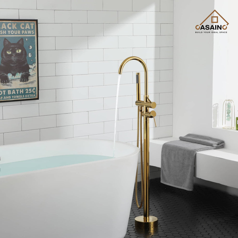 Freestanding Bathtub Faucet Hand Shower Floor-Mount High-arc Tub Faucet 2-Handle