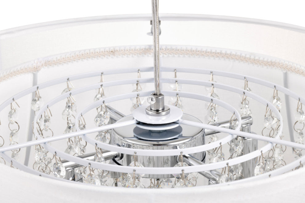 4-Light Double White Fabric Drum Shade Crystal Pendant Chandelier Glam Lighting