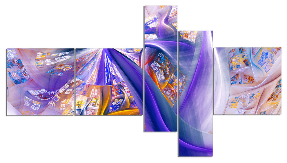 Purple Yellow Fractal Curves, Abstract Wall Art, 60"x32", 5 panels