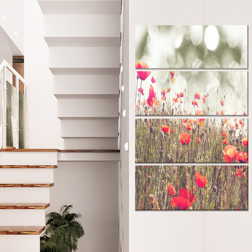 Red Poppy Flowers Meadow, Floral Canvas Art Print, 28"x48", 4 Panels