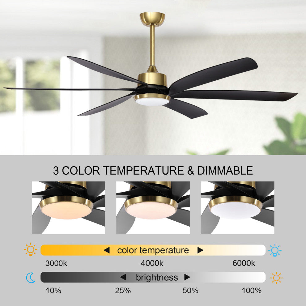 64" Reversible DC Motor Dimmable Ceiling Fan with Remote Control and Light Kit, Black/Gold