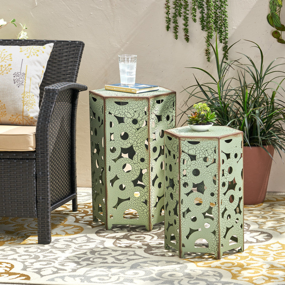 Utica Antique Style Orange Accent Table, Set of 2, Antique Green