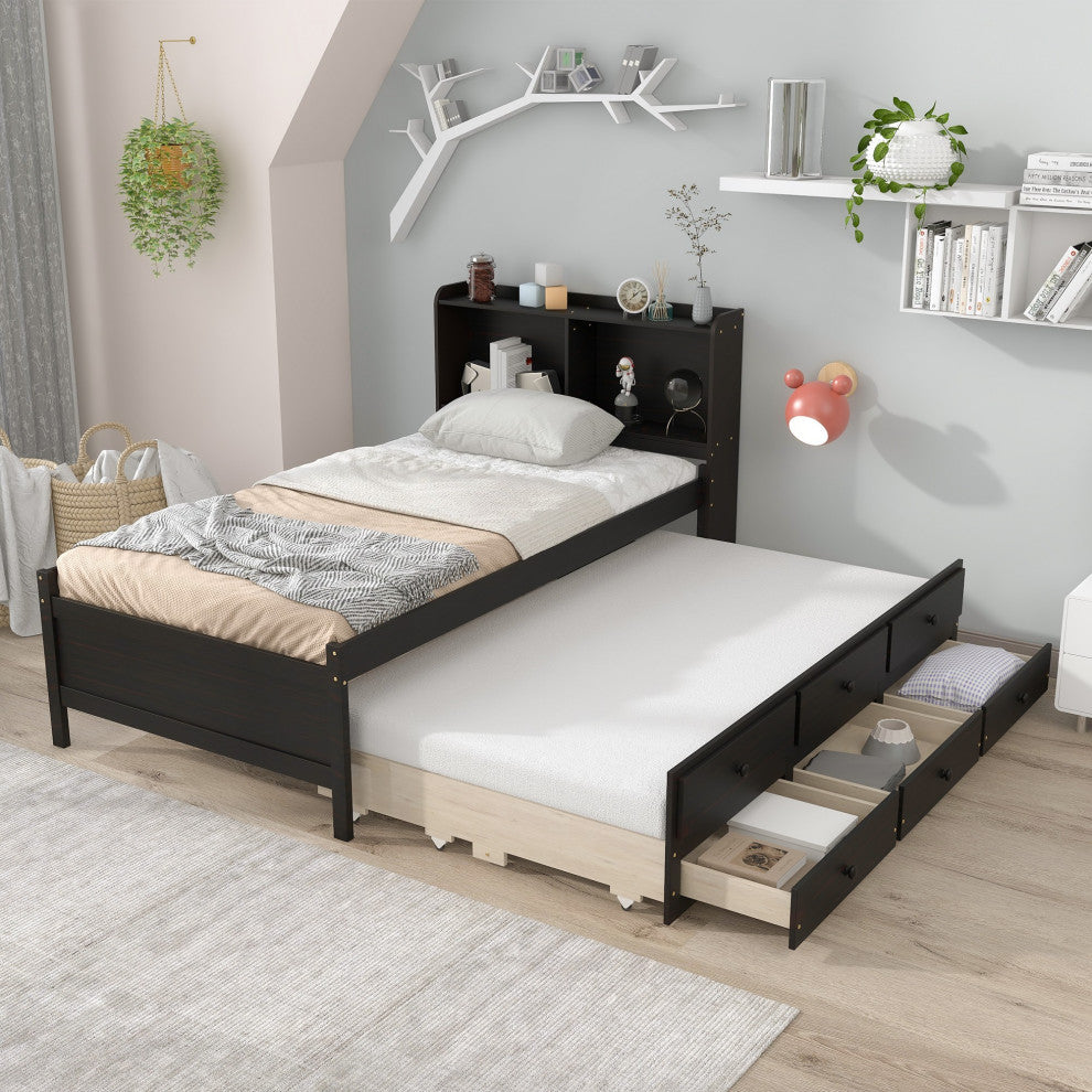 Full/Twin Wood Frame Platform Bed with Trundle and Drawers, Espresso, Twin