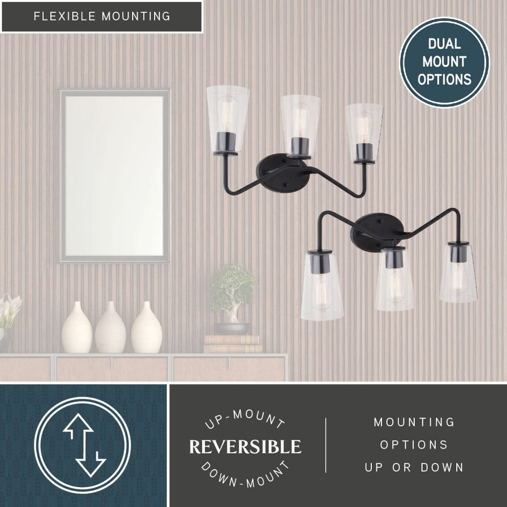 Beverly 3 Light Matte Black Bathroom Vanity Fixture Clear Glass, LED Compatible