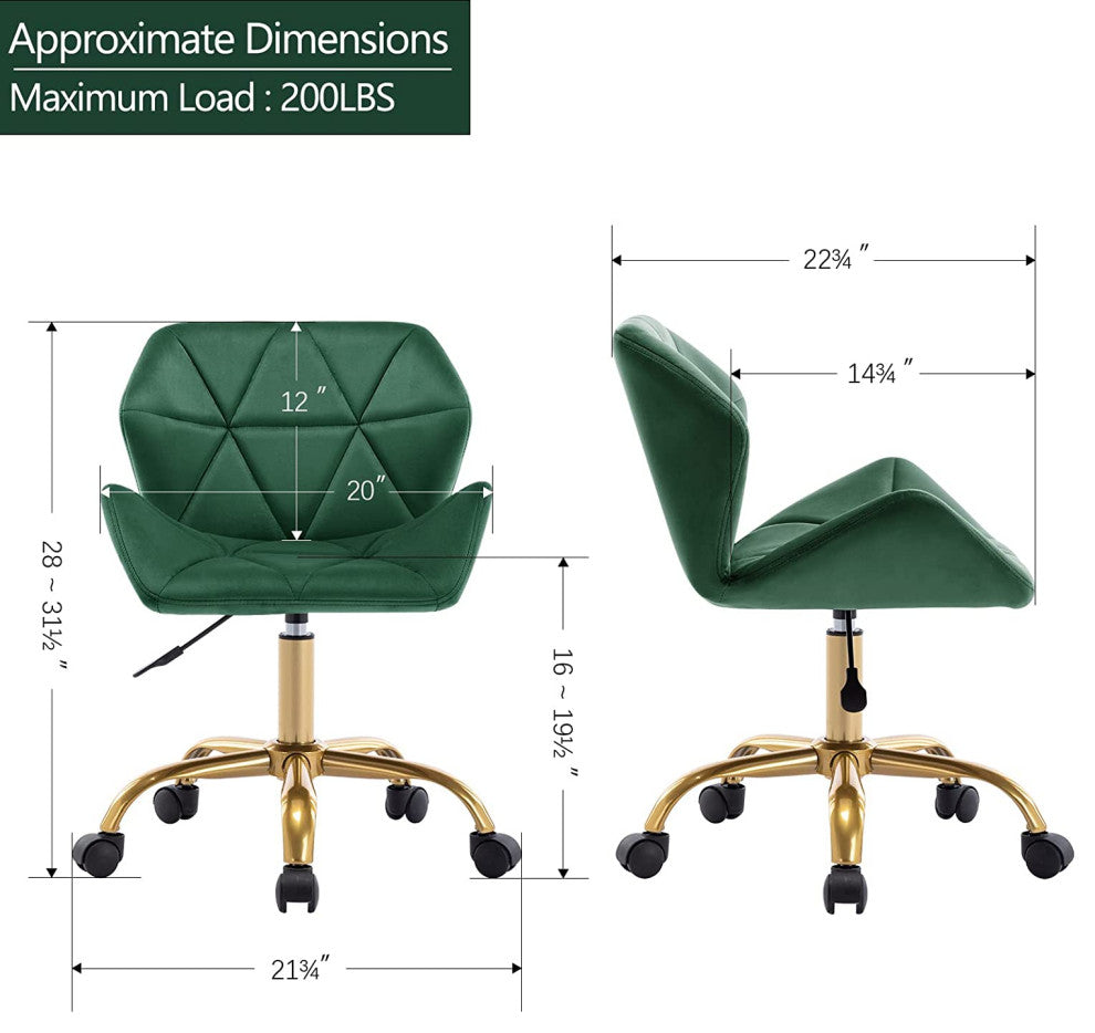 Cute Pointed Armrest Velvet Rolling Chair, Dark Green