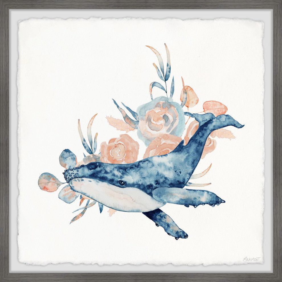 "Whale and Flowers" Framed Painting Print, 32x32