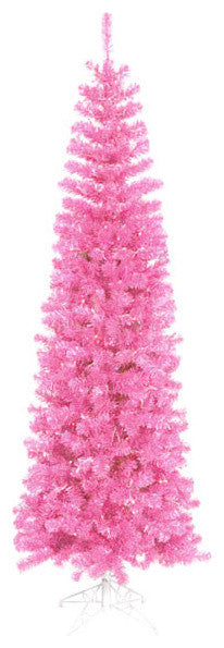 Pre-Lit Artificial Pencil Tinsel Christmas Tree, Pink Lights, Hot Pink, 10'