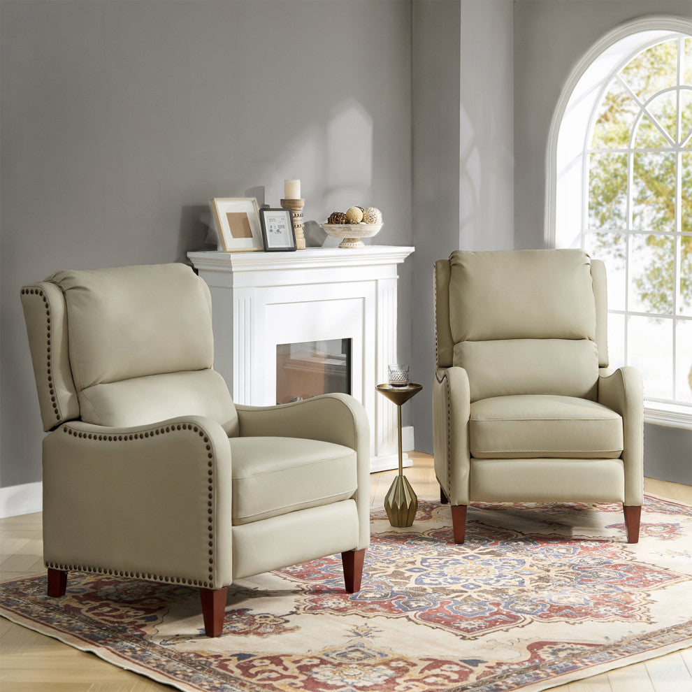 Genuine Leather Recliner With Nailhead Trim Set of 2, Beige