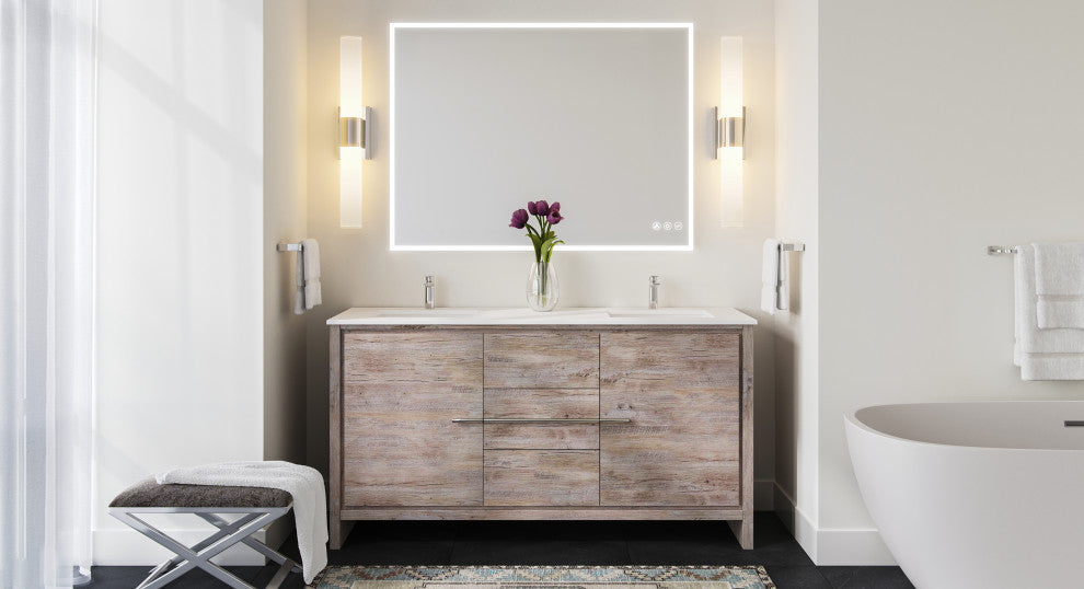 Esconde Bath Vanity, Natural Wood, 60", Double Sink, Freestanding