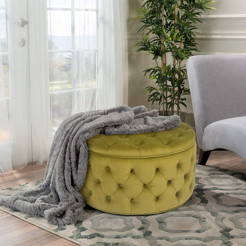 Velvet Round Storage Ottoman, Button-Tufted Footrest Stool Bench, Brass
