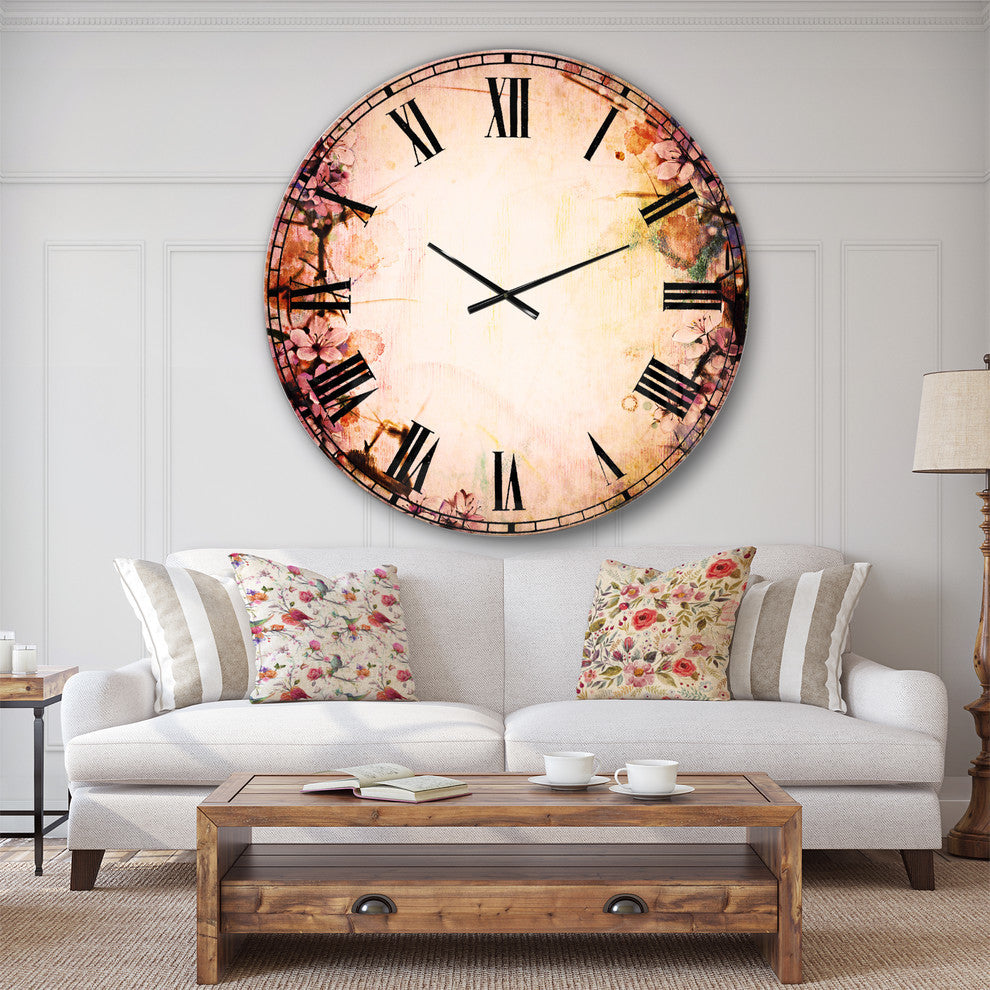 Pink Sakura On Blurred Background Floral Round Wall Clock, 36x36