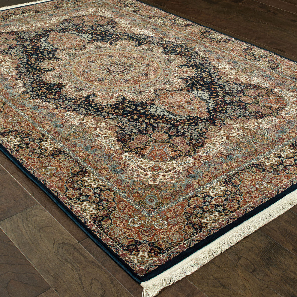 Mackenzie Intricate Medallion Dark Blue/ Multi Fringed Area Rug, 9''10"X12''10"