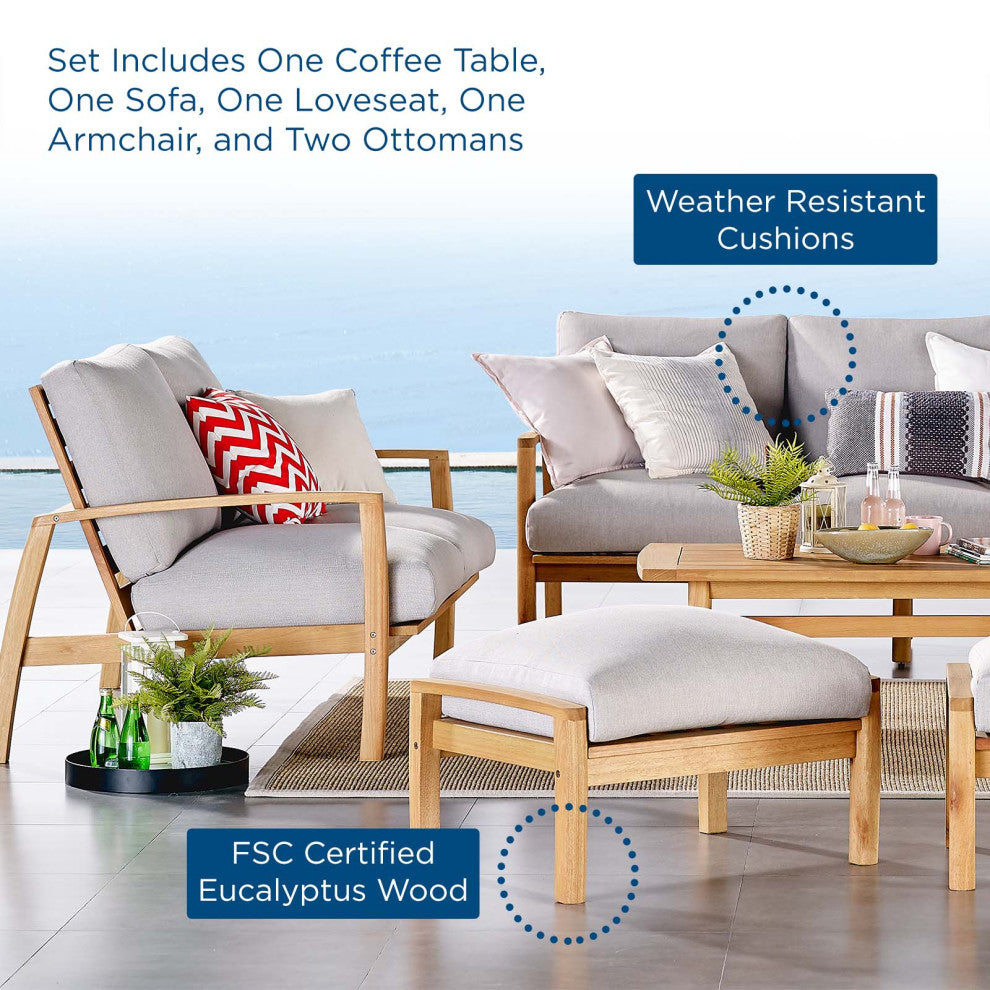 Lounge Sectional Sofa Chair Set, Wood, Brown Natural Gray, Modern, Outdoor