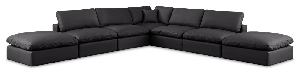 Comfy Upholstered L-Shaped Modular Sectional, Black, 7-Piece: 4 Armless Chair, 1 Corner Chair, 2 Ottoman, Vegan Leather