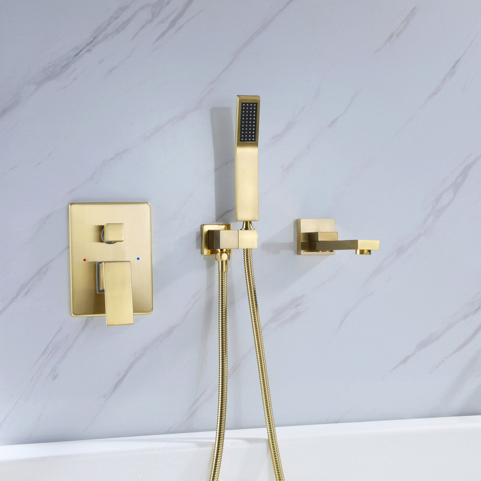 Wall Mounted Roman Bathtub Faucet With Brass Handheld Shower, Brushed Gold