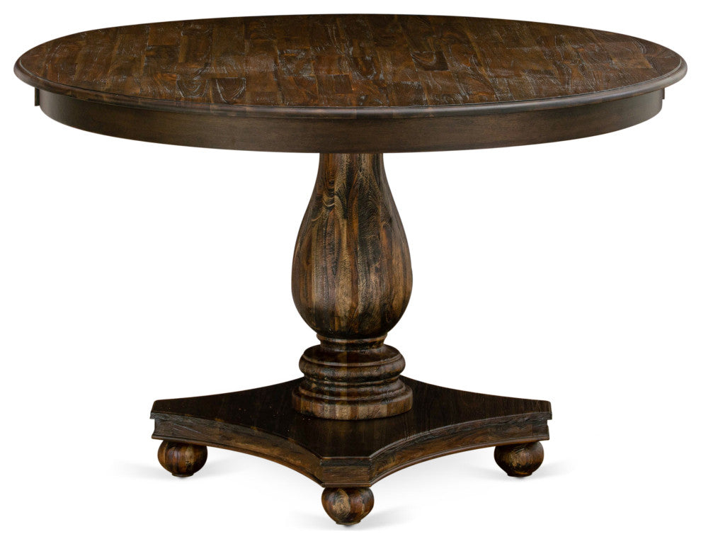 Round Dining Table, Rustic Rubberwood Table, Distressed Jacobean Finish, 48"
